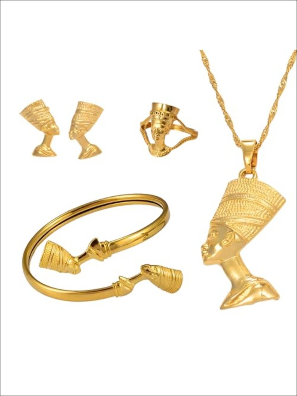 Nefertiti Egyptian Egypt Queen Pendant Necklace Ankh Africa Map 18K Gold Plated